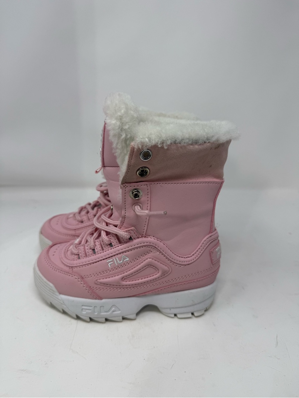 FILA Kids Snow Boots Pink/White Faux Fur Lined Lace-Up US 10 Mid Top (BKLNJG)